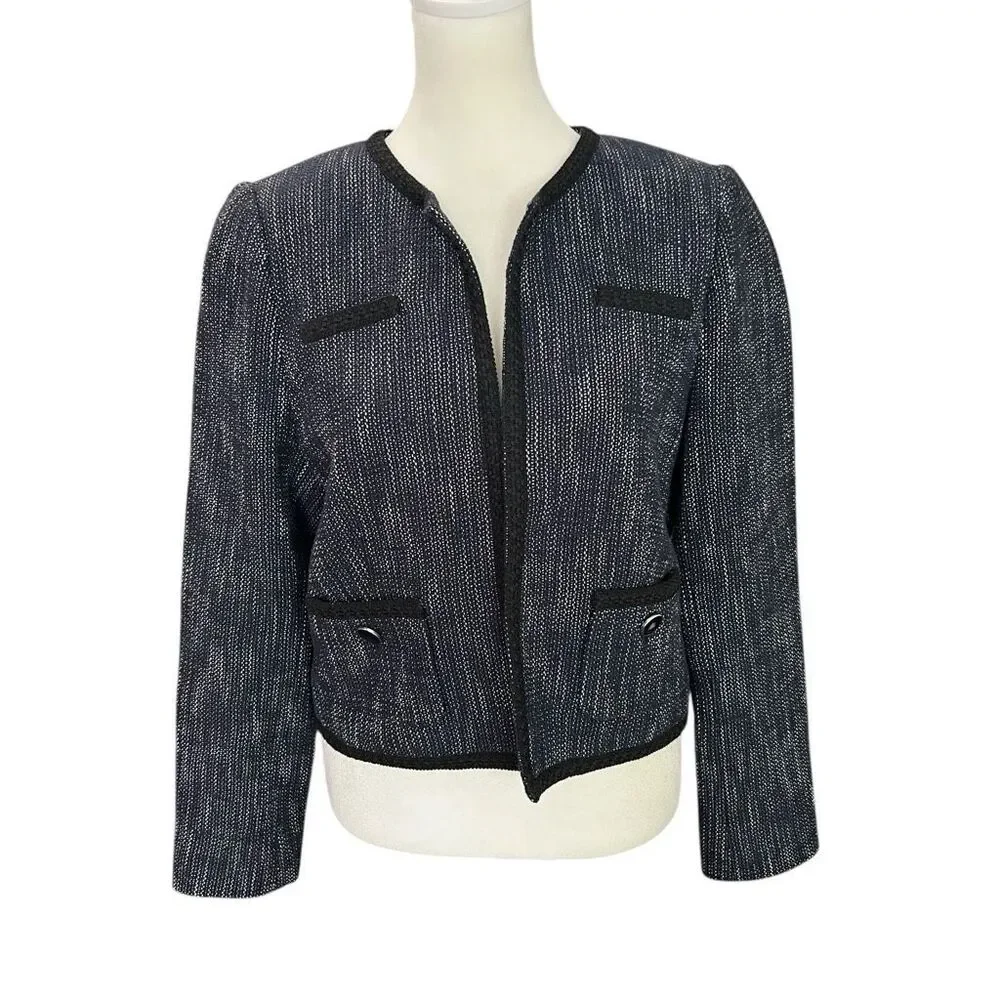 Hobbs London Navy Tweed Jacket Blazer US 8 Cropped Bouclé Wool Blend